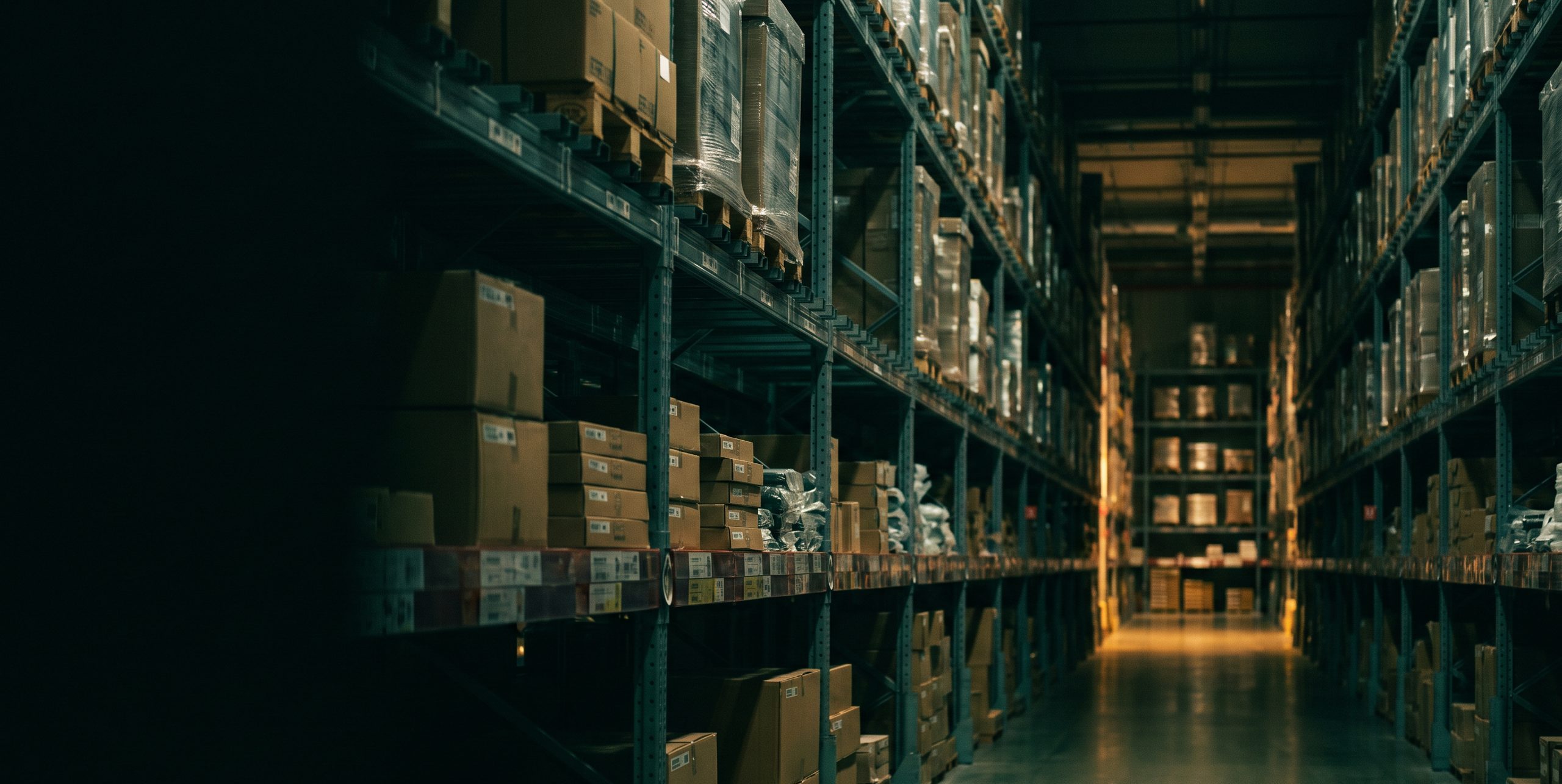 Warehouse aisle stacked with cased goods